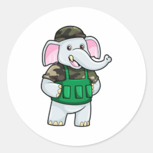 Sticker Rond L'éléphant comme soldat avec uniforme et casque