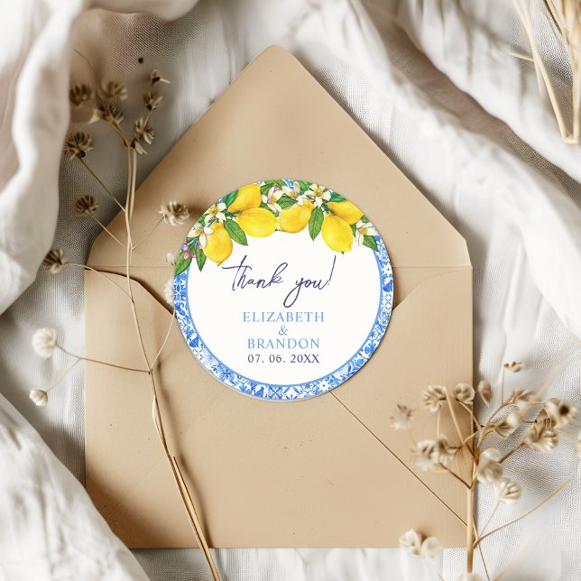 Sticker Rond Lemon-Themed Mediterranean Tiles Wedding (Créateur téléchargé)