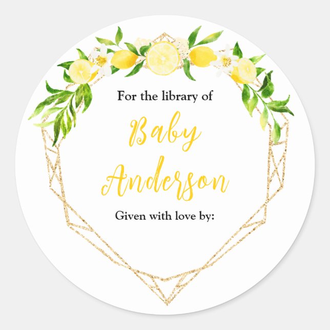 Sticker Rond Lemons and Foliage Baby Shower Bookplate (Devant)