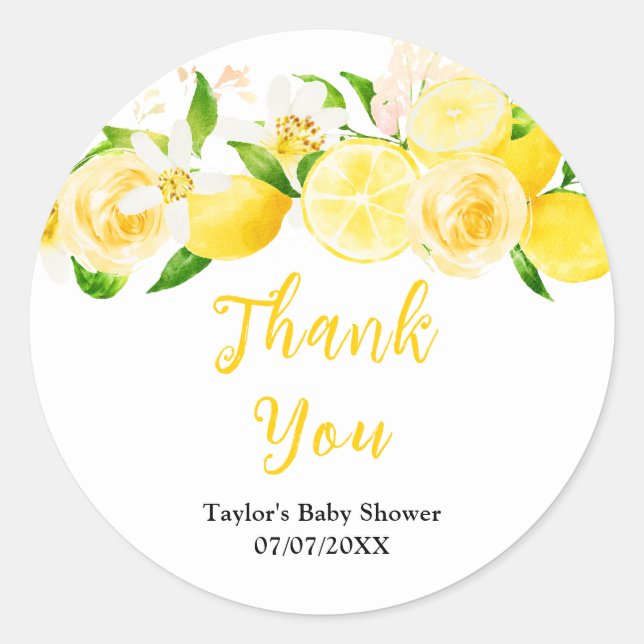Sticker Rond Lemons and Foliage Baby Shower Thank You (Devant)