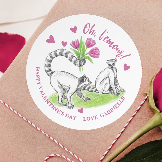 Sticker Rond Lemur avec Tulipes Amour romantique Amour Amoureux (Créateur téléchargé)
