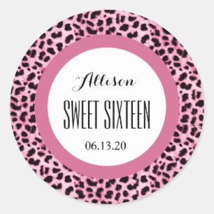 Sticker Rond LEOPARD Sweet sixteen 16 Nom personnalisé V05 ROSE
