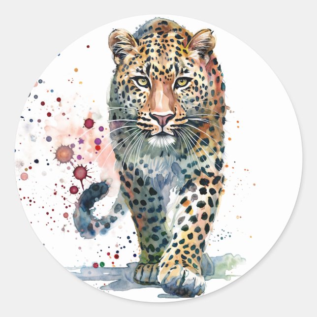 Sticker Rond Leopard Walking Watercolor (Devant)