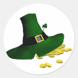 Sticker Rond Leprechaun Casquette Lucky Gold Pièces Shamrock L