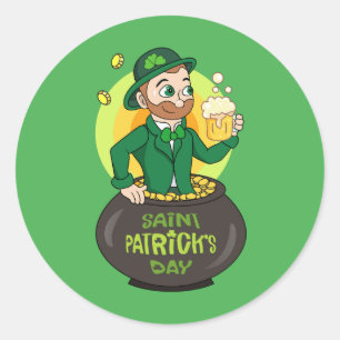 Sticker Rond Leprechaun de dessin dans une casserole d'or tenan