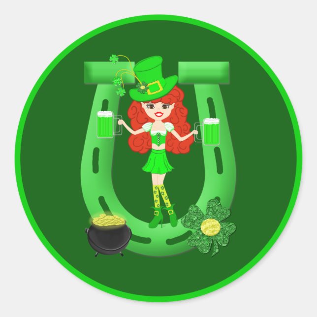 Sticker Rond Leprechaun fille à tête rouge de St Pat's Day (Devant)