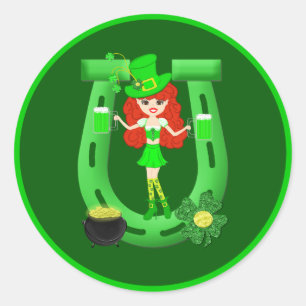 Sticker Rond Leprechaun fille à tête rouge de St Pat's Day