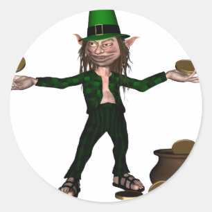 Sticker Rond Leprechaun irlandais avec des pièces de monnaie e