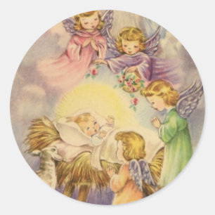 Sticker Rond Les anges regardent le bébé Jésus