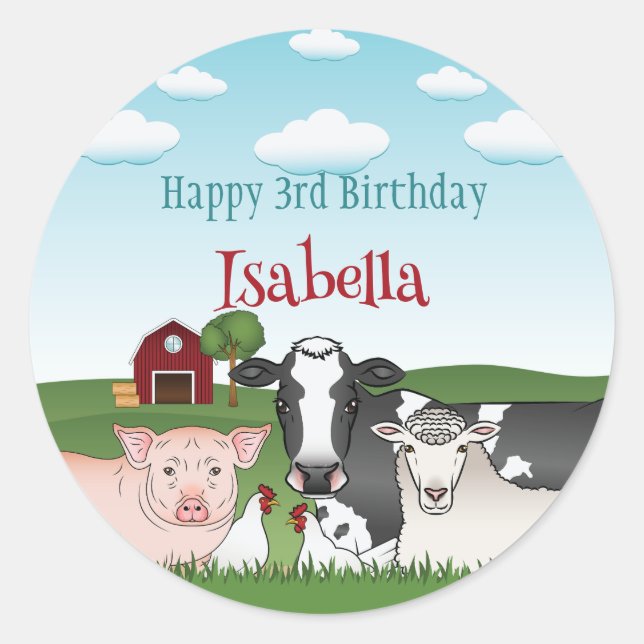 Sticker Rond Les animaux de ferme mignons Le Joyeux anniversair (Devant)