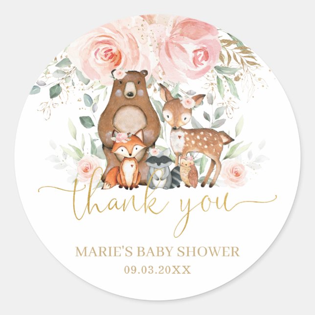 Sticker Rond Les animaux des bois blanchissent le Merci floral  (Devant)