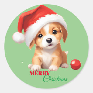 Sticker Rond Les animaux mignons chiot d'hiver Chien Père Noël 