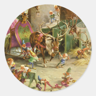 Sticker Rond Les elfes de Père Noël préparent son Sleigh et
