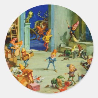 Sticker Rond Les elfes de père Noël travaillent dans son atelie