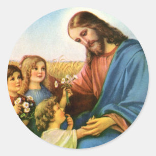 Sticker Rond Les enfants vintages apportent des fleurs à Jésus-