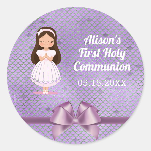 Sticker Rond Les Filles Première Sainte Communion Purple Bow (Devant)