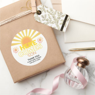 Sticker Rond Les Grandes Têtes Jaunes Ici Vient Le Baby shower 