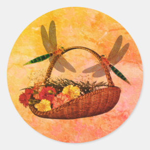 Sticker Rond Les libellules sur le panier de fleurs Nature Art