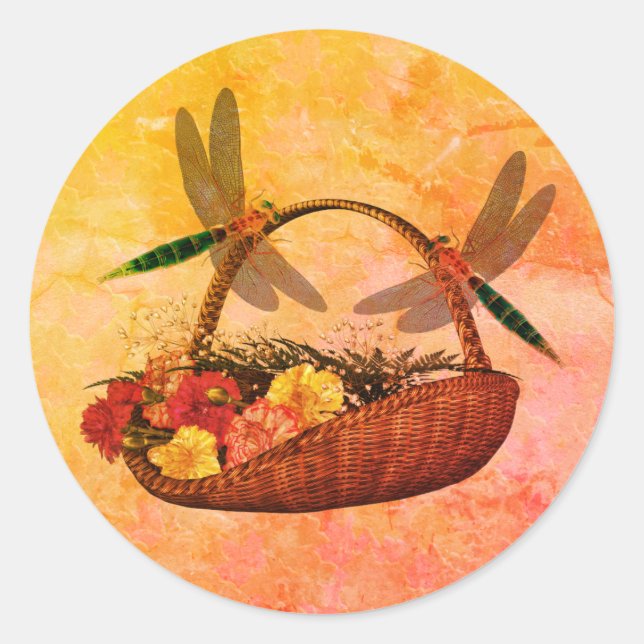Sticker Rond Les libellules sur le panier de fleurs Nature Art (Devant)