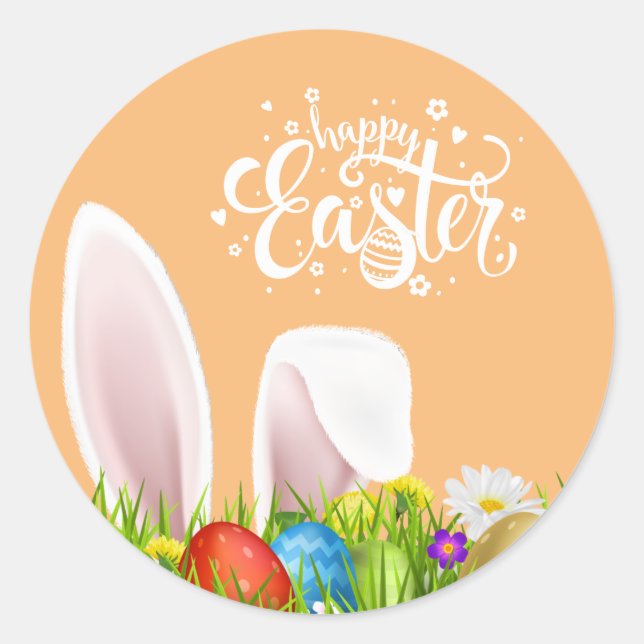 Sticker Rond Les Oreilles Florales De Lapin Joyeux Pâques | Sce (Devant)