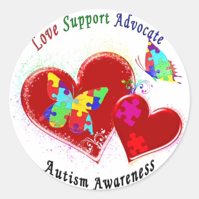 Sticker Rond Les papillons autistes dans les coeurs (Devant)