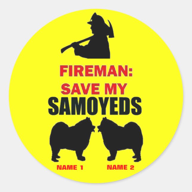 Sticker Rond Les pompiers sauvent mes Samoyens (Devant)