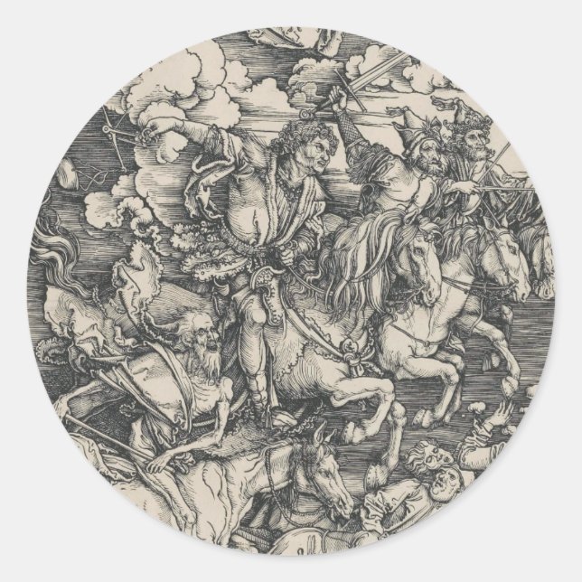 Sticker Rond Les quatre cavaliers de l'Apocalypse par Durer (Devant)