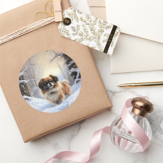 Sticker Rond L'Espagnol Tibétain Laissons Il Neige Noël (Cadeaux)