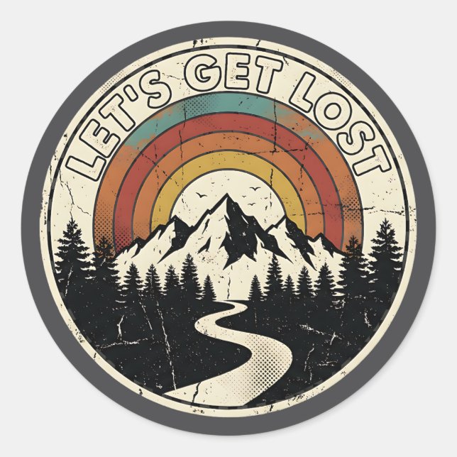 Sticker Rond Let’s Get Lost Retro Mountain Adventure Outdoor (Devant)