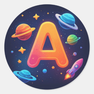 Sticker Rond 🌌 Lettre A de l'espace fusée étoiles planètes enf