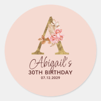 Sticker Rond Lettre A Monogramme Or Roses Rose Pâle