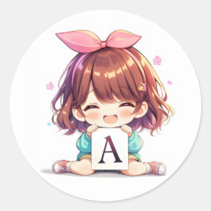 Sticker Rond Lettre A Sourire Anime Fille Mignonne