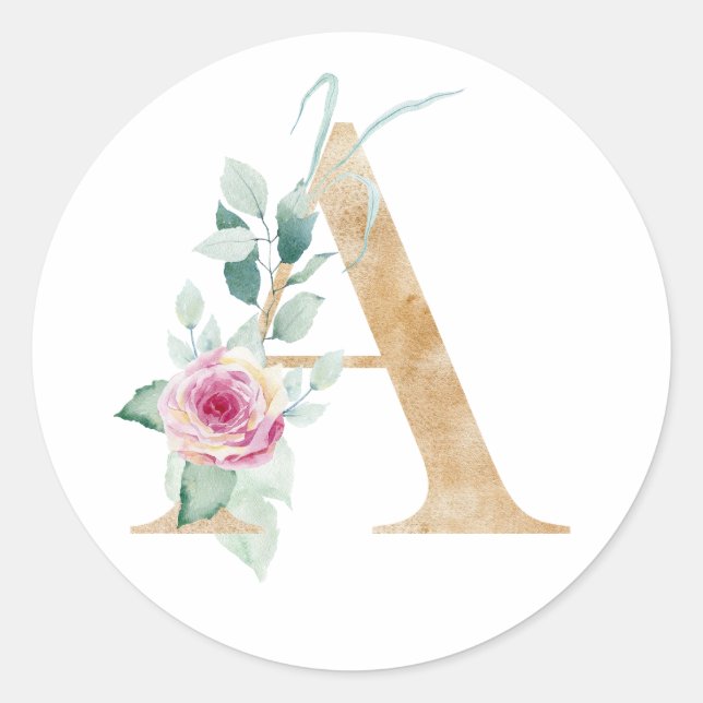 Sticker Rond Lettre aquarelle A avec rose (Devant)