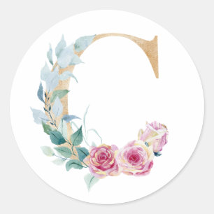 Sticker Rond Lettre aquarelle C avec rose