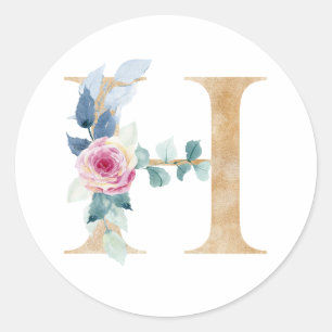 Sticker Rond Lettre aquarelle H avec rose