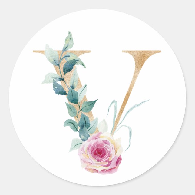 Sticker Rond Lettre aquarelle V avec des roses. Personnalisez e (Devant)