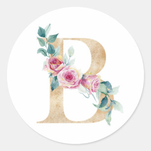 Sticker Rond Lettre B aquarelle avec des roses 