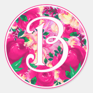 Sticker Rond Lettre B Aquarelle rose Monogramme du cercle flora