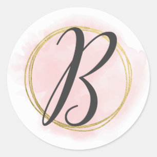 Sticker Rond Lettre B Monogram Blush Rose Aquarelle or chic