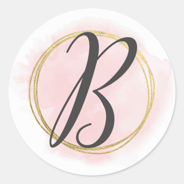 Sticker Rond Lettre B Monogram Blush Rose Aquarelle or chic (Devant)