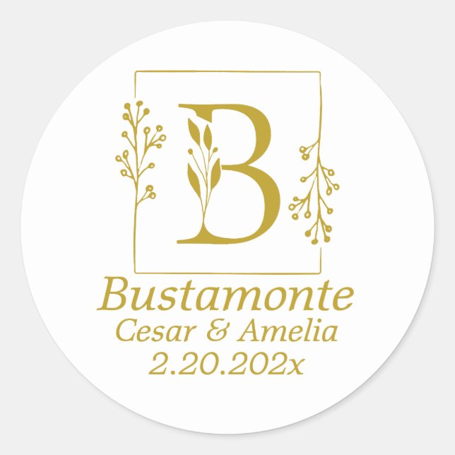 Sticker Rond LETTRE BOtanique D'Or Moderne B Mariage (Devant)
