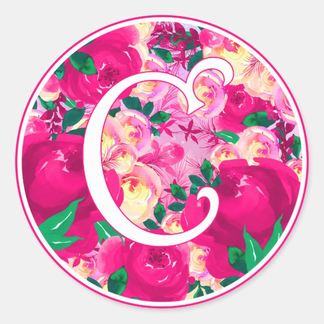 Sticker Rond Lettre C Aquarelle rose Monogramme circulaire (Devant)