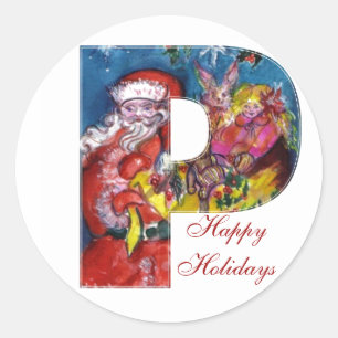 STICKER ROND LETTRE C DE NOËL / PÈRE NOËL AVEC CADEAUX MONOG