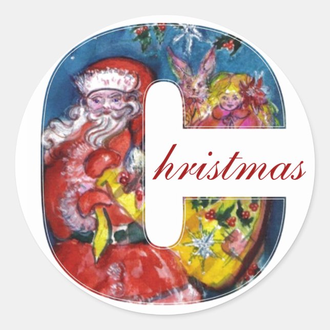 STICKER ROND LETTRE C DE NOËL / PÈRE NOËL AVEC CADEAUX MONOGRAM (Devant)
