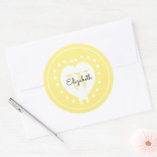 Sticker Rond LETTRE CHIC INITIALE MONogramme JaUNE COEUR BLANC