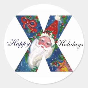 STICKER ROND LETTRE CHRISTMAS X / SANTA CLAUS AVEC RIBBON ROUGE