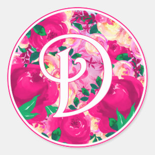 Sticker Rond Lettre D Aquarelle rose Monogramme circulaire