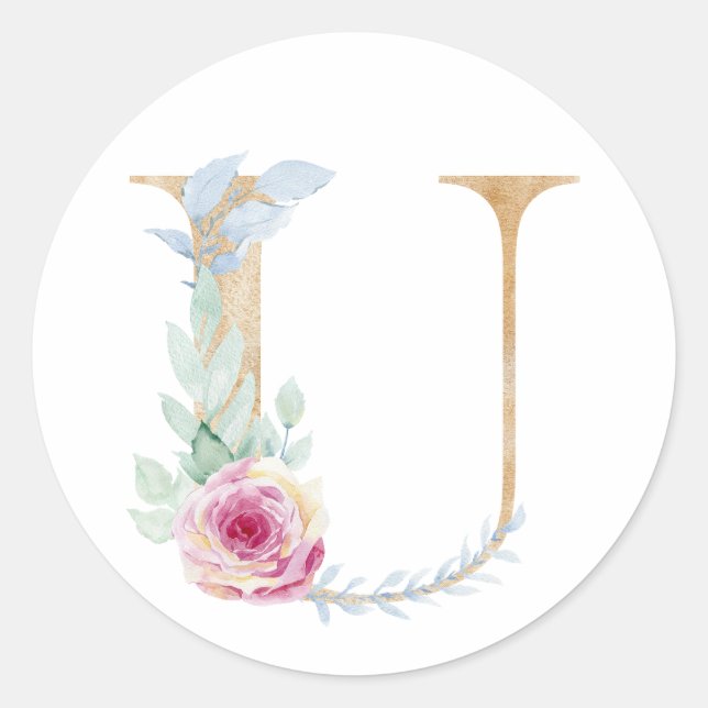 Sticker Rond Lettre d'aquarelle U avec rose (Devant)