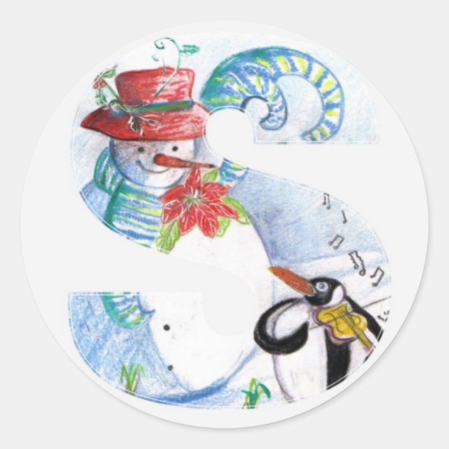 STICKER ROND LETTRE DE NOËL, MONOGRAMME SÉRÉNADE DE PENGUIN (Devant)