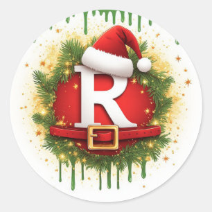Sticker Rond Lettre de Noël R avec chapeau de Père Noël Cadeau 